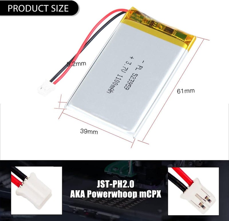 QIMAOO 523959 3.7V Lipo Battery 1100mAh 523959 Rechargeable Lithium Polymer Battery Pack with JST PH2.0mm Connector for Electronic Device - Image 2